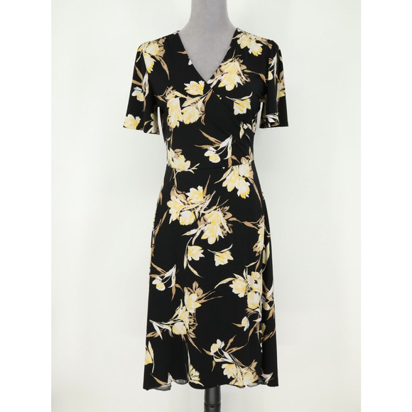 WHBM Dress Womens 4 Black Yellow Floral Stretch Knit Faux Wrap Fit n Flare - Picture 1 of 13
